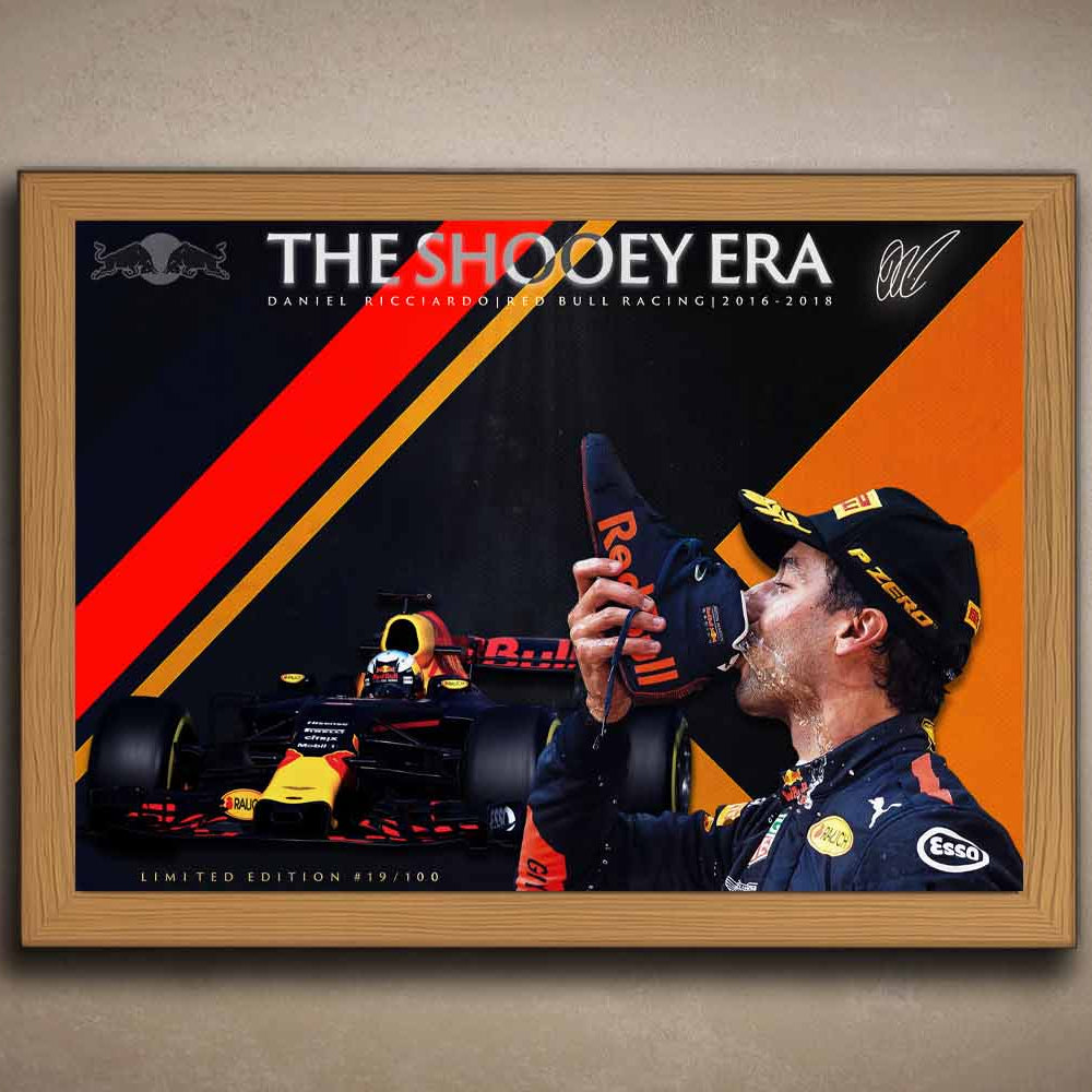 Limited edition Daniel Ricciardo oak-framed sports art print, celebrating his Red Bull Racing shoey era in bold F1 tribute style.