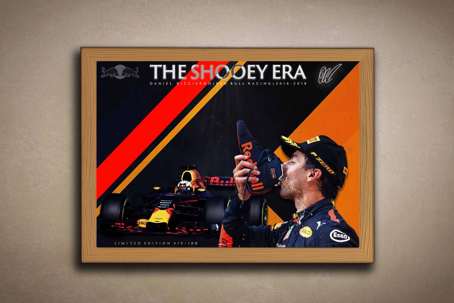 Limited edition Daniel Ricciardo oak-framed sports art print, celebrating his Red Bull Racing shoey era in bold F1 tribute style.