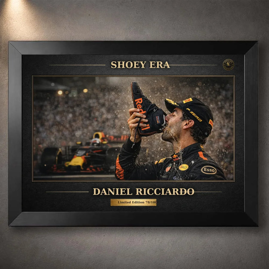 Black framed Daniel Ricciardo Shoey Era motorsport wall art celebrating the podium moment for Formula 1 fans.