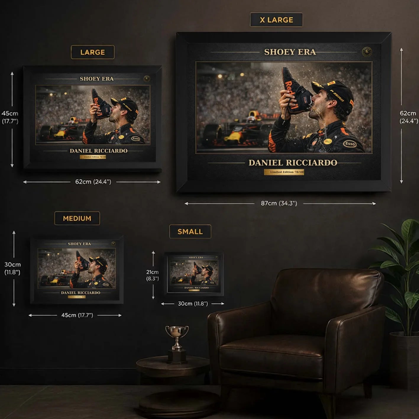 Daniel Ricciardo Shoey Era wall art size guide showing framed options for limited edition motorsport collectors.