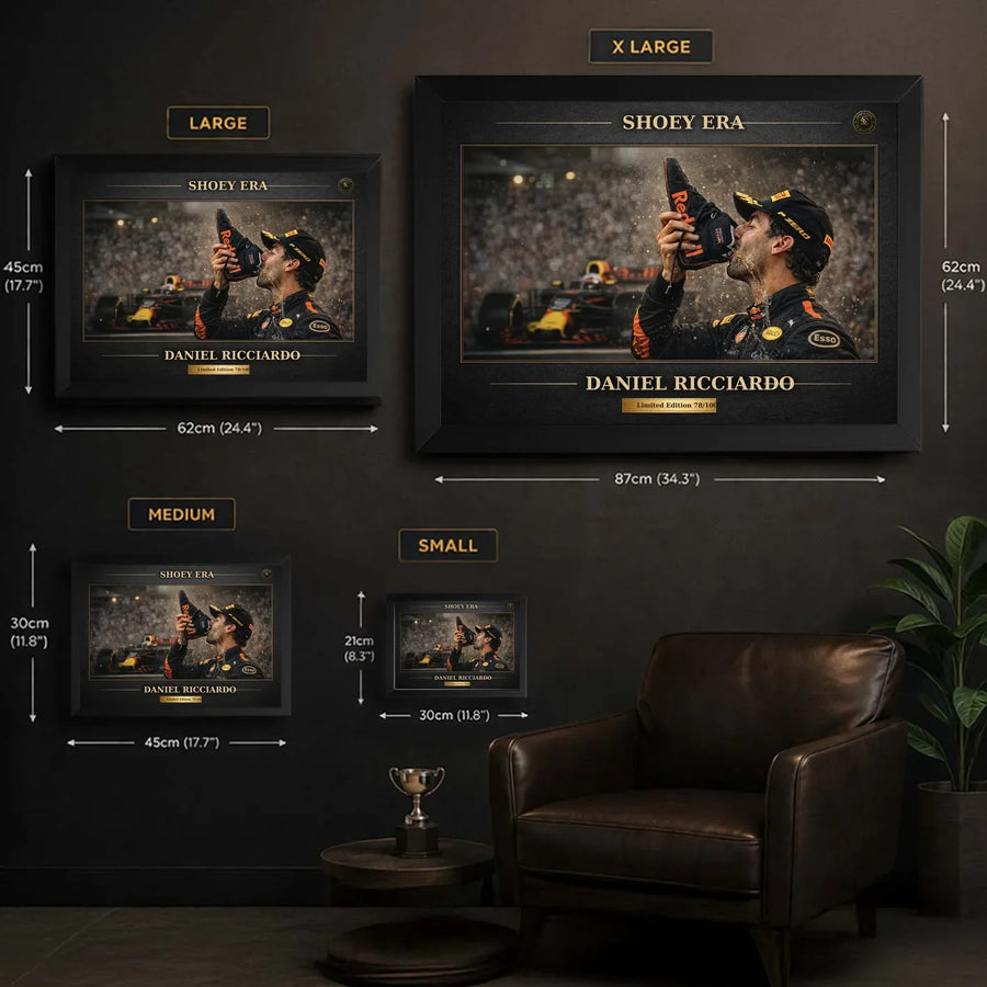 Daniel Ricciardo Shoey Era wall art size guide showing framed options for limited edition motorsport collectors.