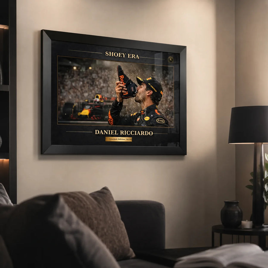 Daniel Ricciardo Shoey Era wall art displayed in a modern living room for collectors of Formula 1 podium moments.