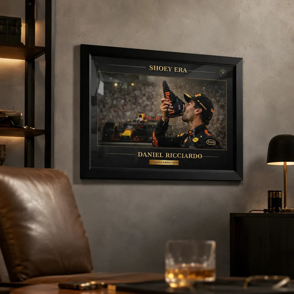 Daniel Ricciardo Shoey Era framed sports memorabilia styled in a dark man cave for loyal Australian racing fans.
