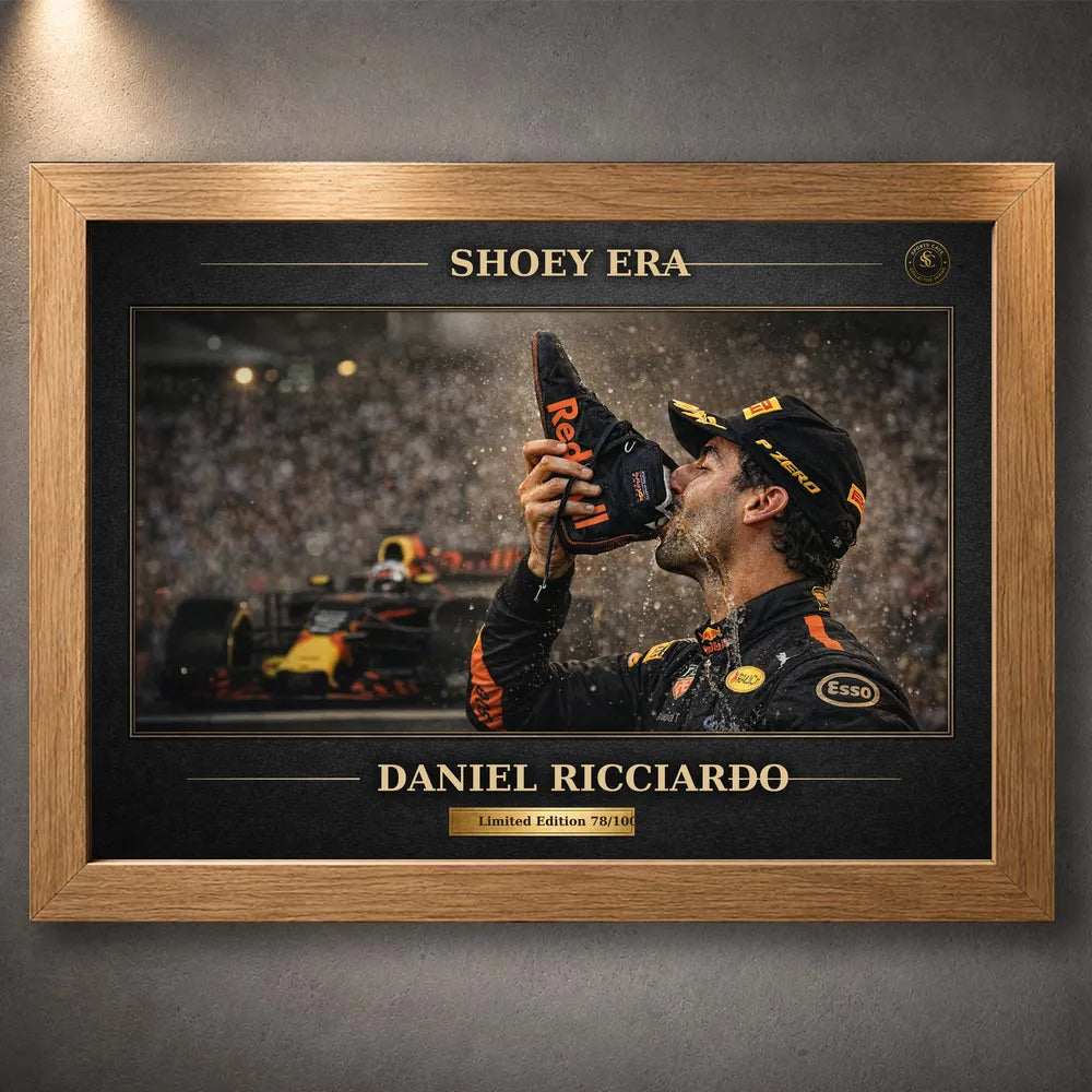 Oak framed Daniel Ricciardo Shoey Era motorsport wall art with collector styling for Australian Formula 1 fans.