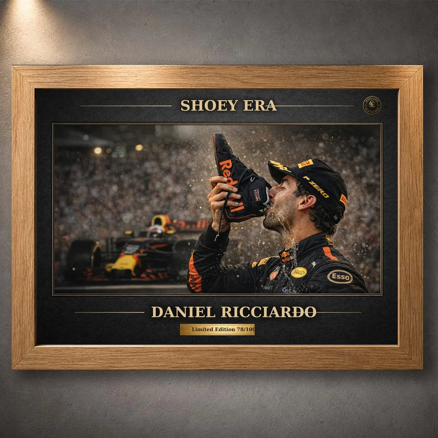 Oak framed Daniel Ricciardo Shoey Era motorsport wall art with collector styling for Australian Formula 1 fans.