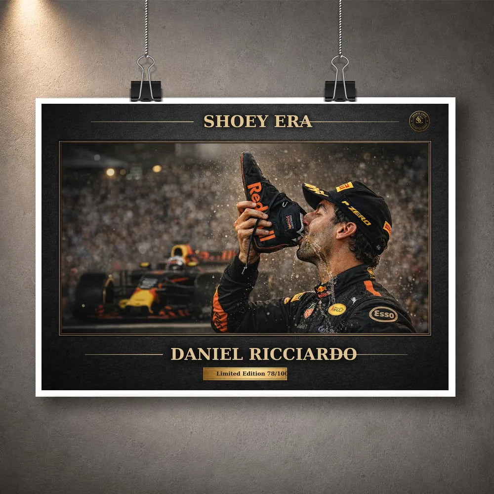 Unframed Daniel Ricciardo Shoey Era motorsport poster celebrating the podium shoey for Australian racing fans.