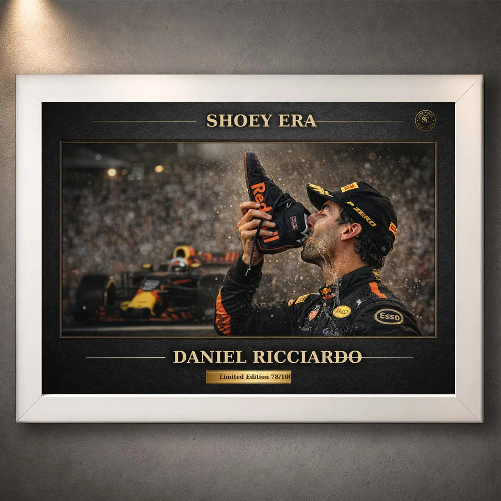 White framed Daniel Ricciardo Shoey Era motorsport wall art with dark gold collector styling for Formula 1 fans.