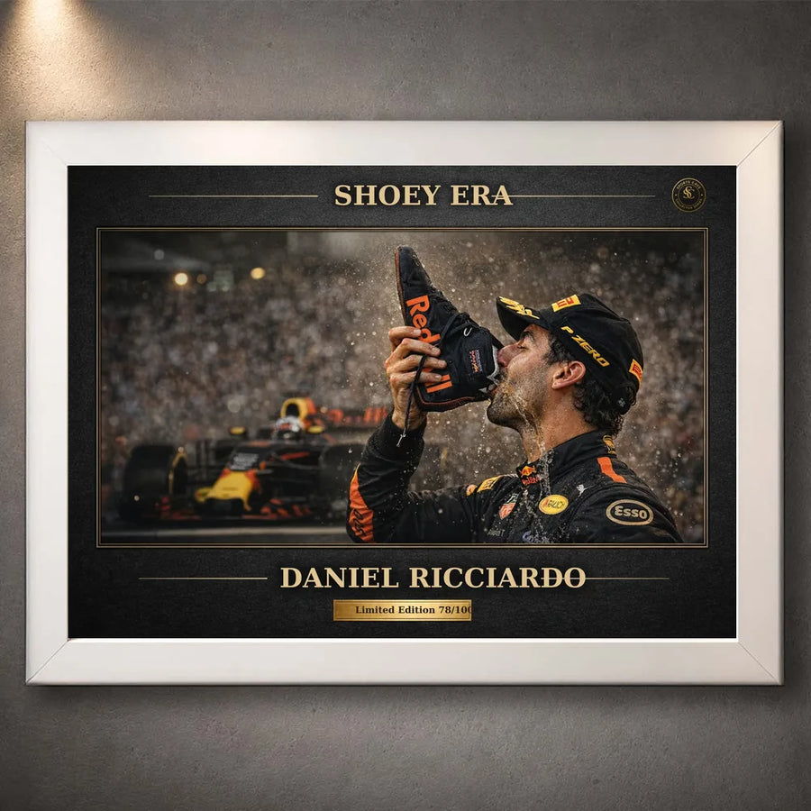 White framed Daniel Ricciardo Shoey Era motorsport wall art with dark gold collector styling for Formula 1 fans.