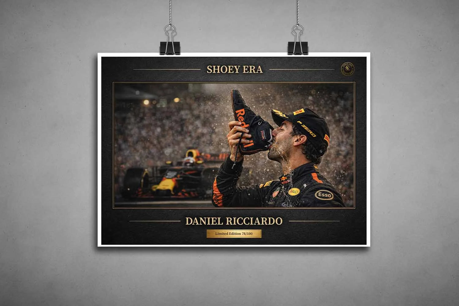 Unframed Daniel Ricciardo Shoey Era podium poster with Red Bull car background, limited edition sports prints.