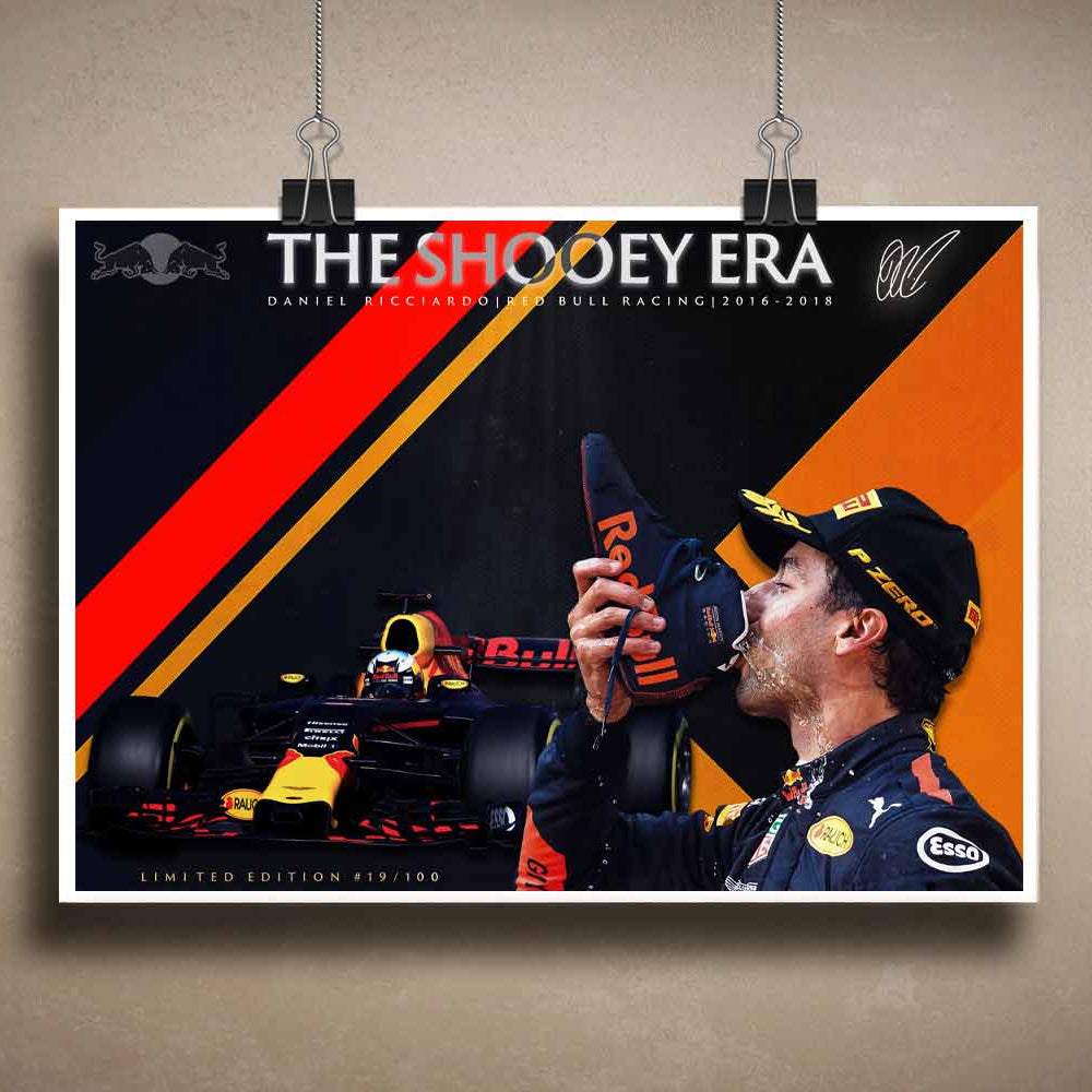 Unframed Daniel Ricciardo limited edition sports wall art, featuring his iconic Red Bull Racing shoey celebration from 2016–2018.