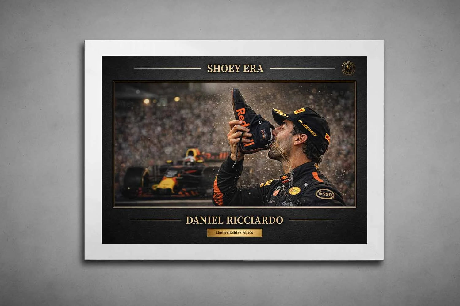 White framed Daniel Ricciardo Shoey Era limited edition print with Red Bull F1 car, sports wall art.