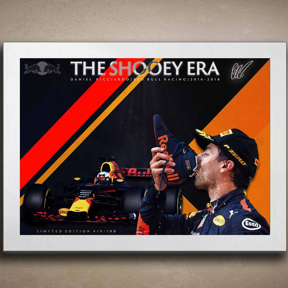 White-framed Daniel Ricciardo sports wall art celebrating his iconic shoey celebration during his Red Bull Racing years, 2016–2018.