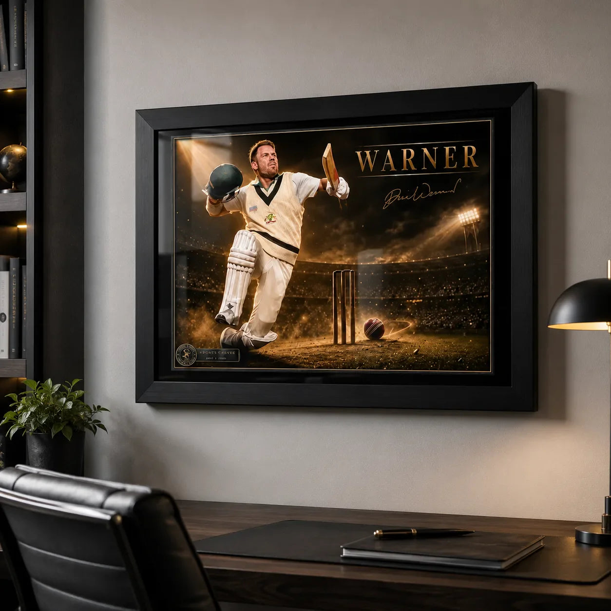 David Warner black framed sports art displayed above a refined office desk with soft cinematic lighting and neutral decor.