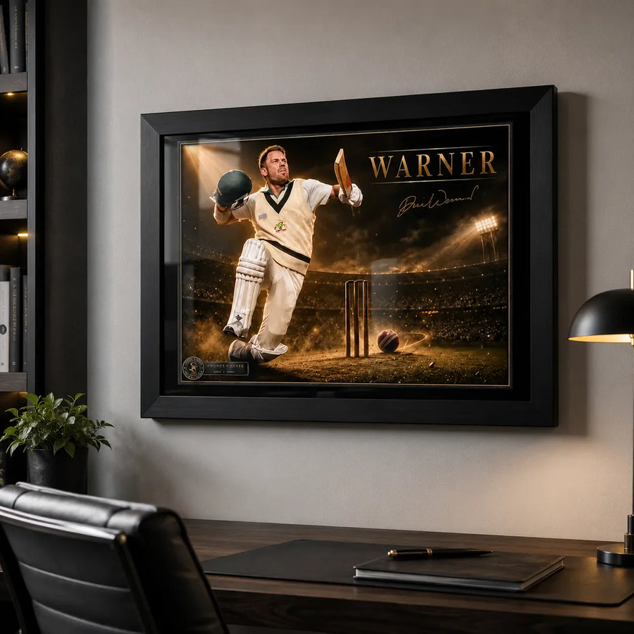 David Warner black framed sports art displayed above a refined office desk with soft cinematic lighting and neutral decor.