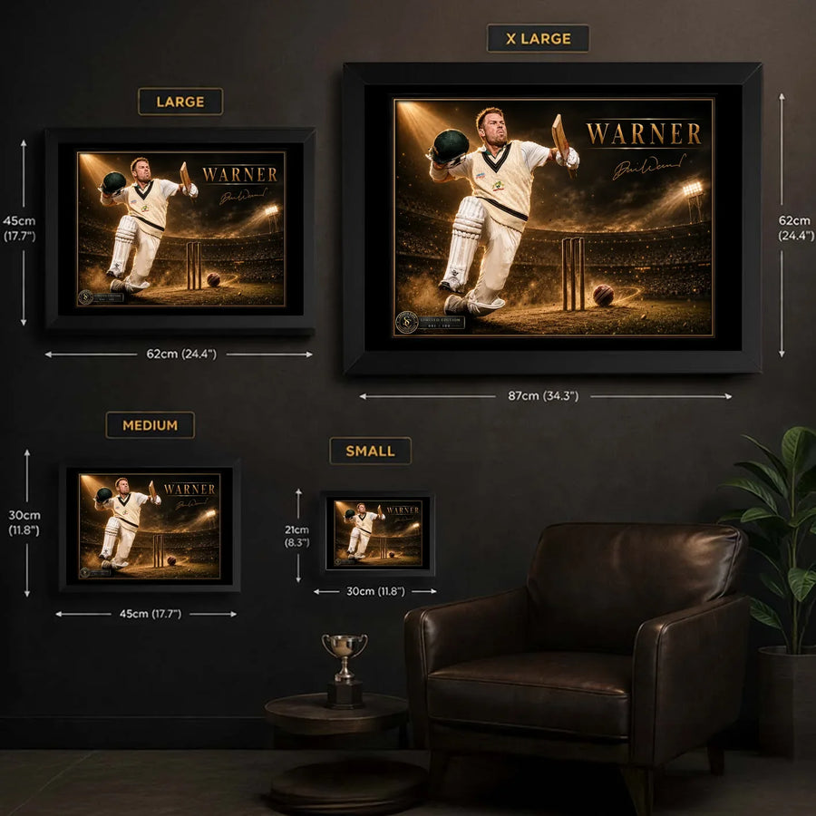 David Warner framed cricket wall art size guide comparing small, medium, large and extra large dimensions.