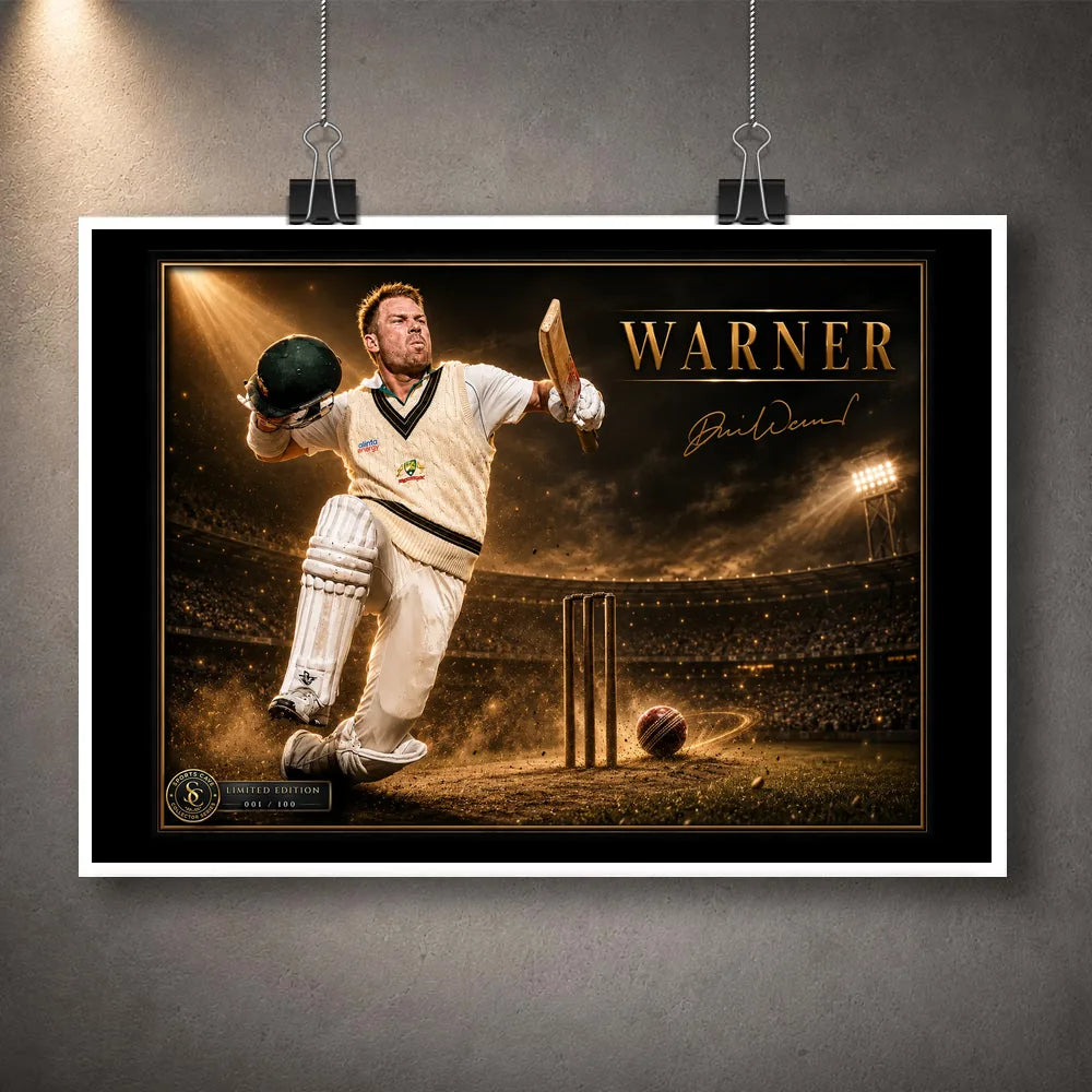 David Warner unframed limited edition cricket print with a black border, stadium lighting and premium gold detail.