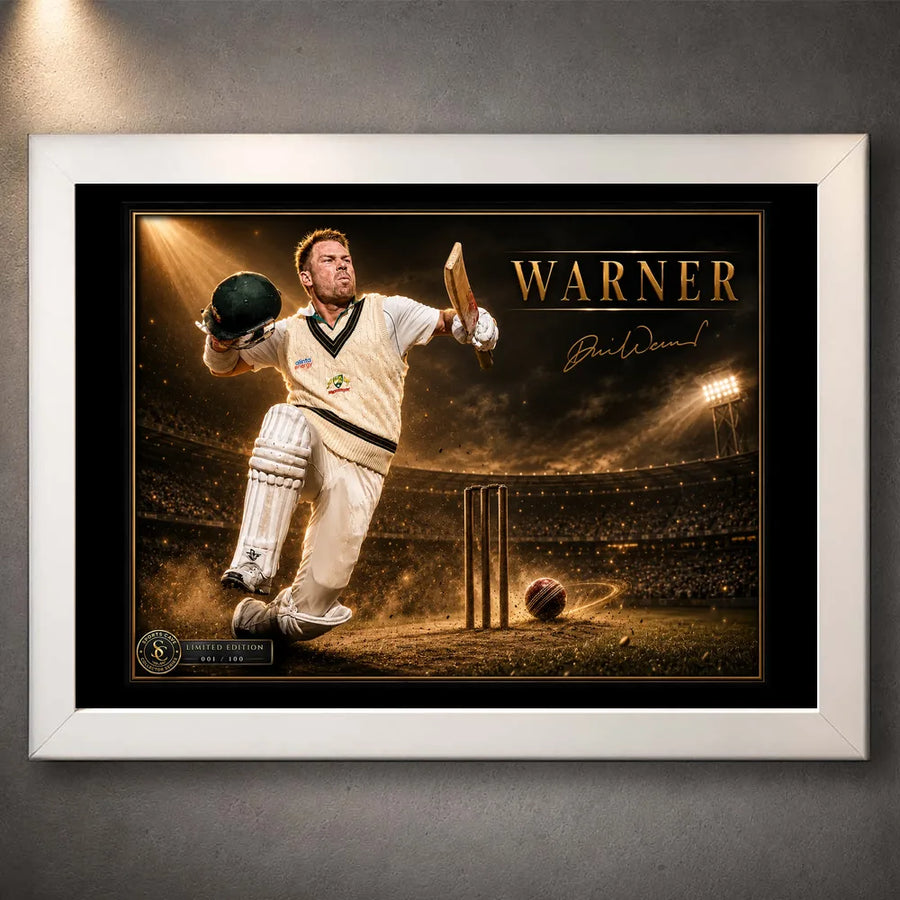 David Warner limited edition cricket wall art in a clean white frame with cinematic stadium lighting and gold detail.
