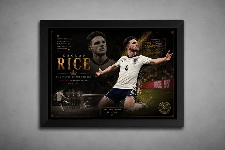 Declan Rice framed sports memorabilia in a sleek black frame featuring England’s Euro 2024 clash vs Switzerland.