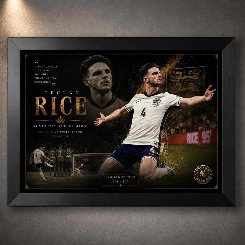 Declan Rice England soccer wall art in a black frame, featuring the 95th-minute Swiss knockout match artwork.