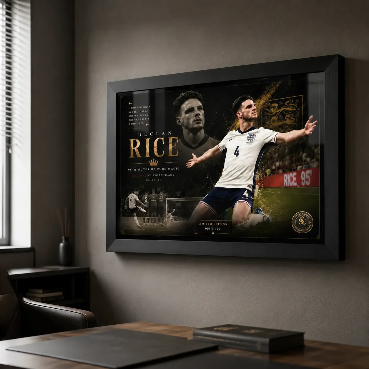 Declan Rice England soccer wall art displayed in a modern home office with desk, chair and window light.