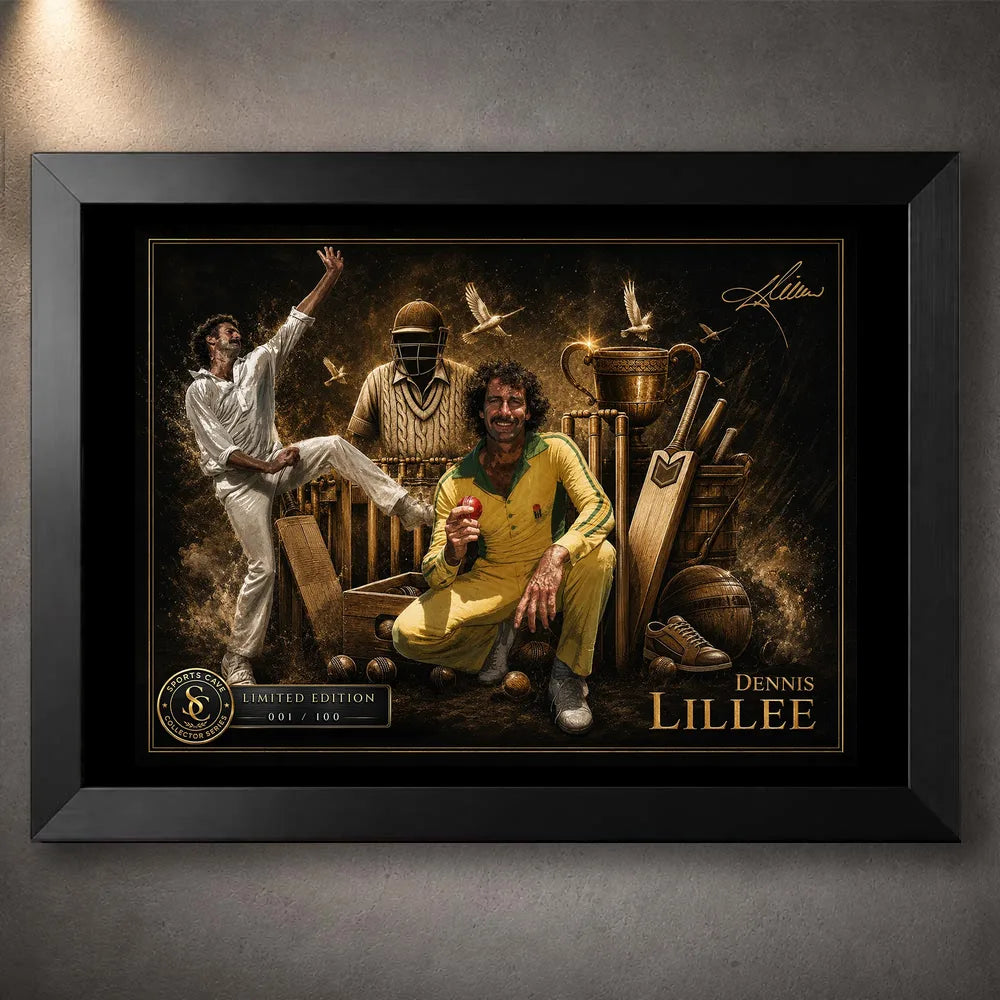 Dennis Lillee cricket wall art in a premium black frame with limited-edition collector artwork.
