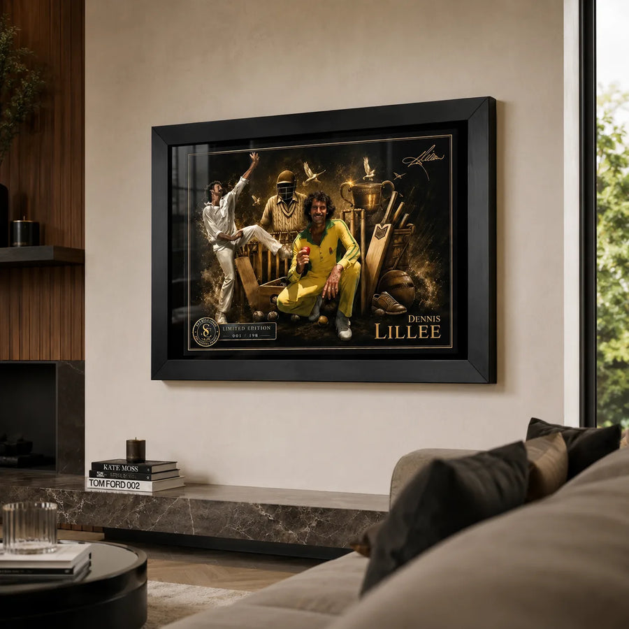 Dennis Lillee framed cricket wall art displayed in a premium modern living room with neutral décor.