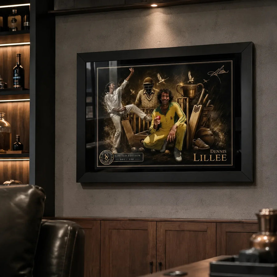 Dennis Lillee framed cricket wall art mounted in a dark premium man cave with warm display lighting.