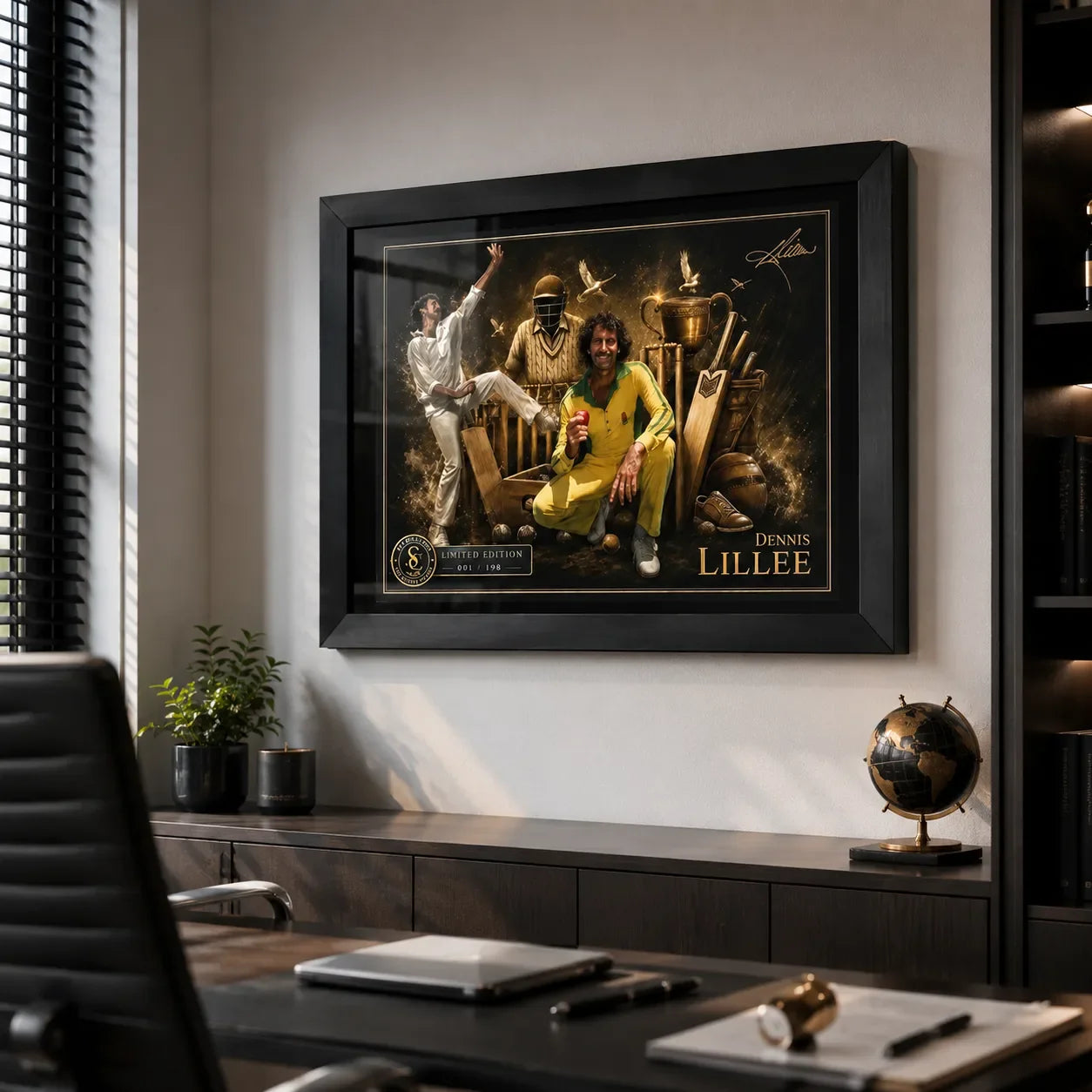 Dennis Lillee framed cricket wall art displayed above a desk in a refined modern home office.