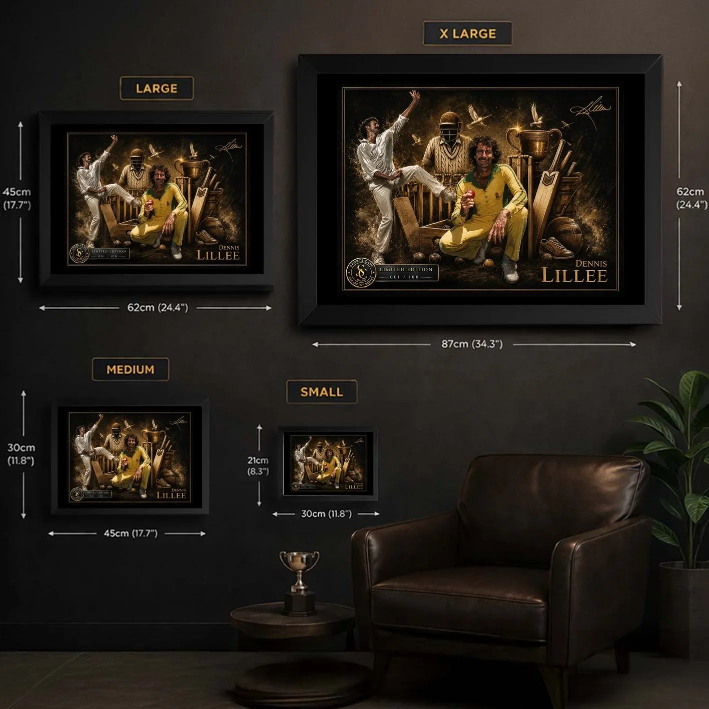 Dennis Lillee cricket wall art size guide comparing small, medium, large and extra-large framed options.