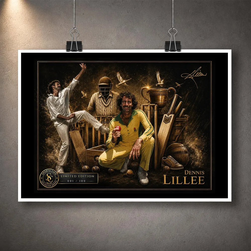 Unframed Dennis Lillee cricket wall art print shown with a white border and premium collector artwork.