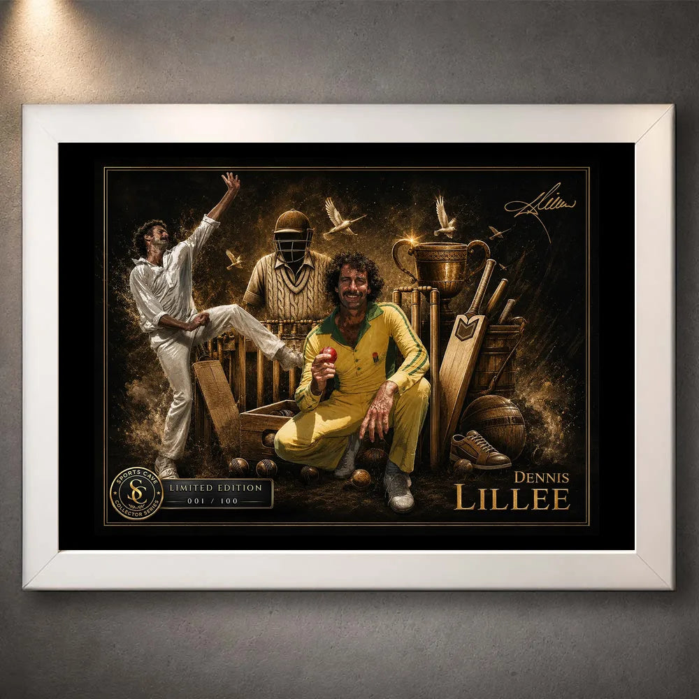 Dennis Lillee cricket wall art presented in a clean white frame with limited-edition collector detail.
