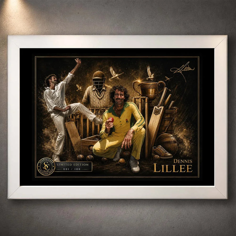 Dennis Lillee cricket wall art presented in a clean white frame with limited-edition collector detail.