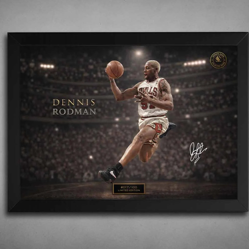Black framed Dennis Rodman artwork featuring a classic in-game pose, presented as framed sports memorabilia with a gallery-quality finish.