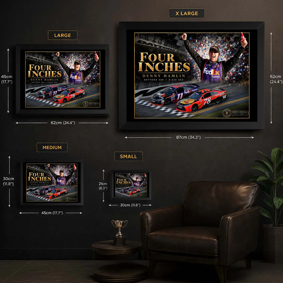 Denny Hamlin Four Inches NASCAR wall art size guide showing Small, Medium, Large and Extra Large framed formats.