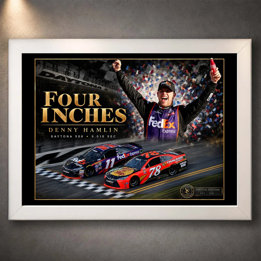 White-framed Denny Hamlin Four Inches racing wall art with his Daytona 500 finish and celebration.