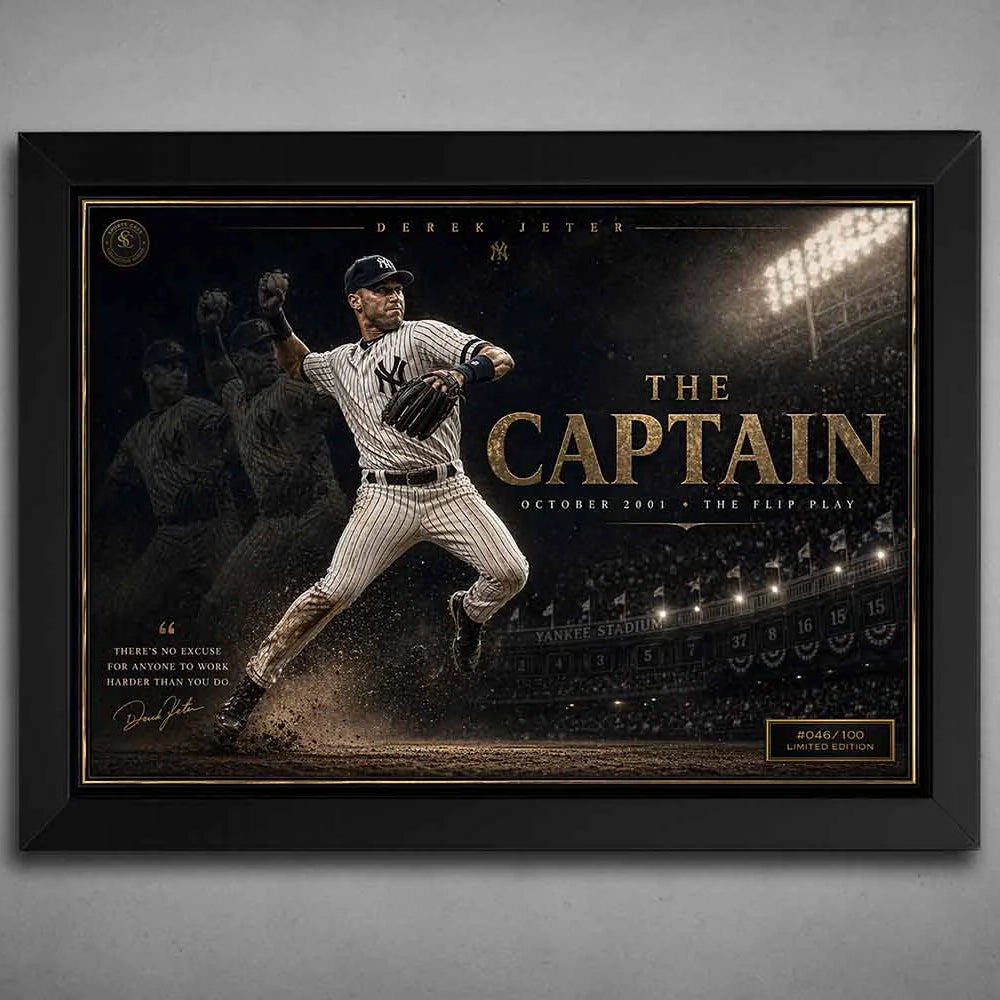 Derek Jeter The Captain framed sports wall art in black frame showcasing iconic 2001 Flip Play moment with dramatic stadium lighting