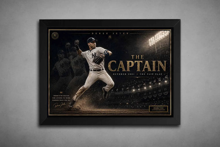 Derek Jeter The Captain framed sports wall art in black frame showcasing iconic 2001 Flip Play moment with dramatic stadium lighting