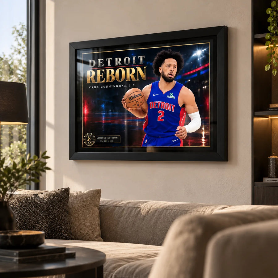 Cade Cunningham wall art displayed in a bright living room setting with a black frame.