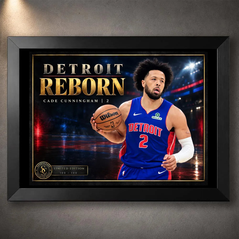 Black framed Cade Cunningham basketball wall art featuring the Detroit Reborn collector design.