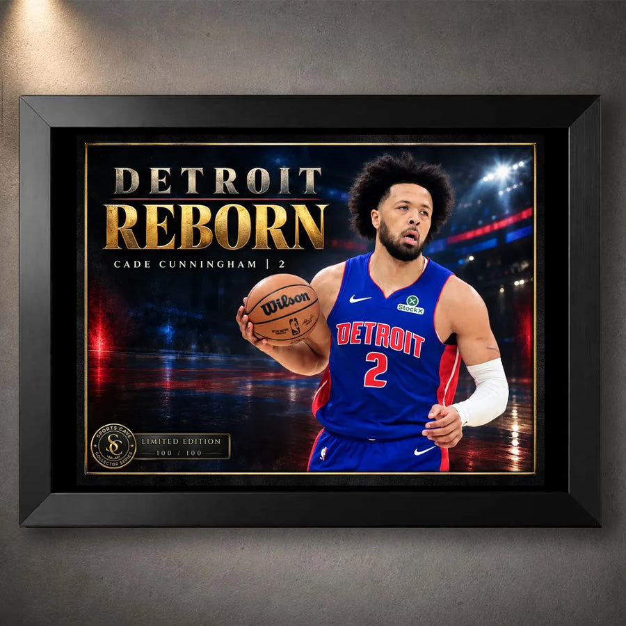 Black framed Cade Cunningham basketball wall art featuring the Detroit Reborn collector design.