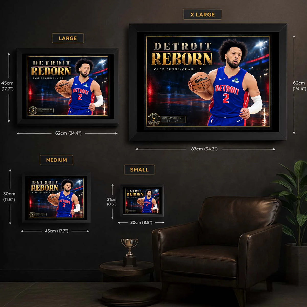 Cade Cunningham wall art size guide showing the available framed and unframed dimensions.