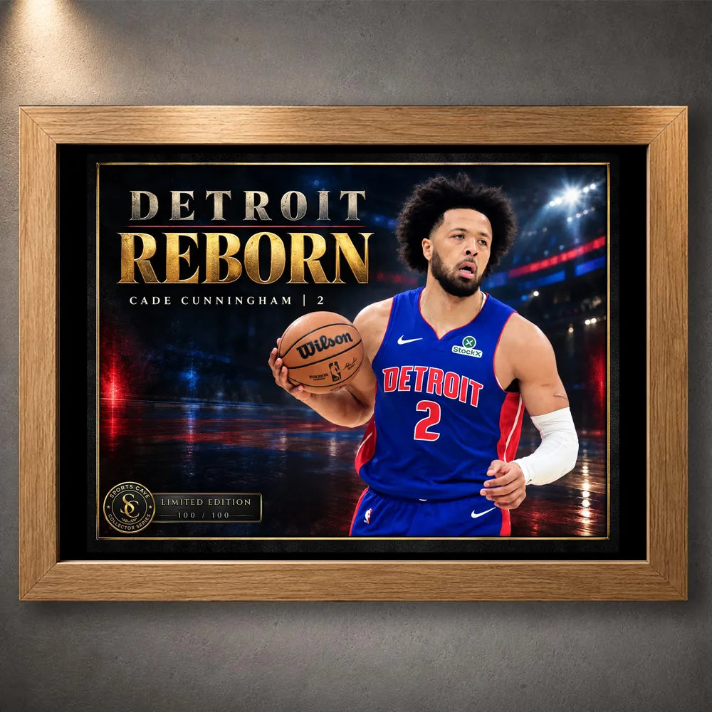Oak framed Cade Cunningham basketball wall art featuring the Detroit Reborn collector design.
