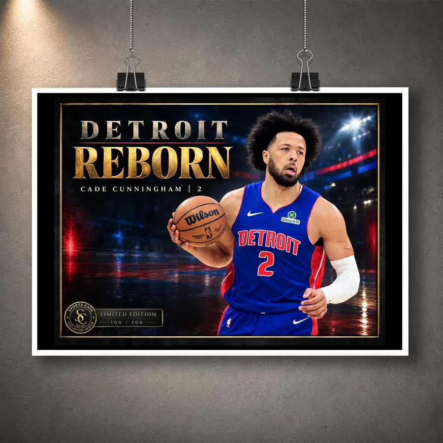 Unframed Cade Cunningham basketball wall art featuring the Detroit Reborn collector design.
