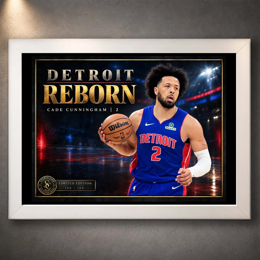 White framed Cade Cunningham basketball wall art featuring the Detroit Reborn collector design.