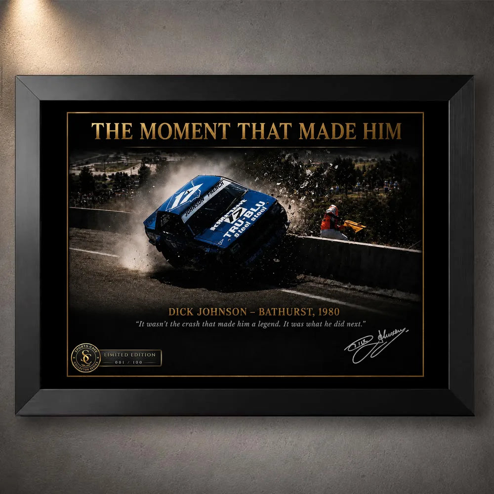 Black framed Dick Johnson Bathurst 1980 motorsport wall art showing the crash tribute against a dark textured wall.