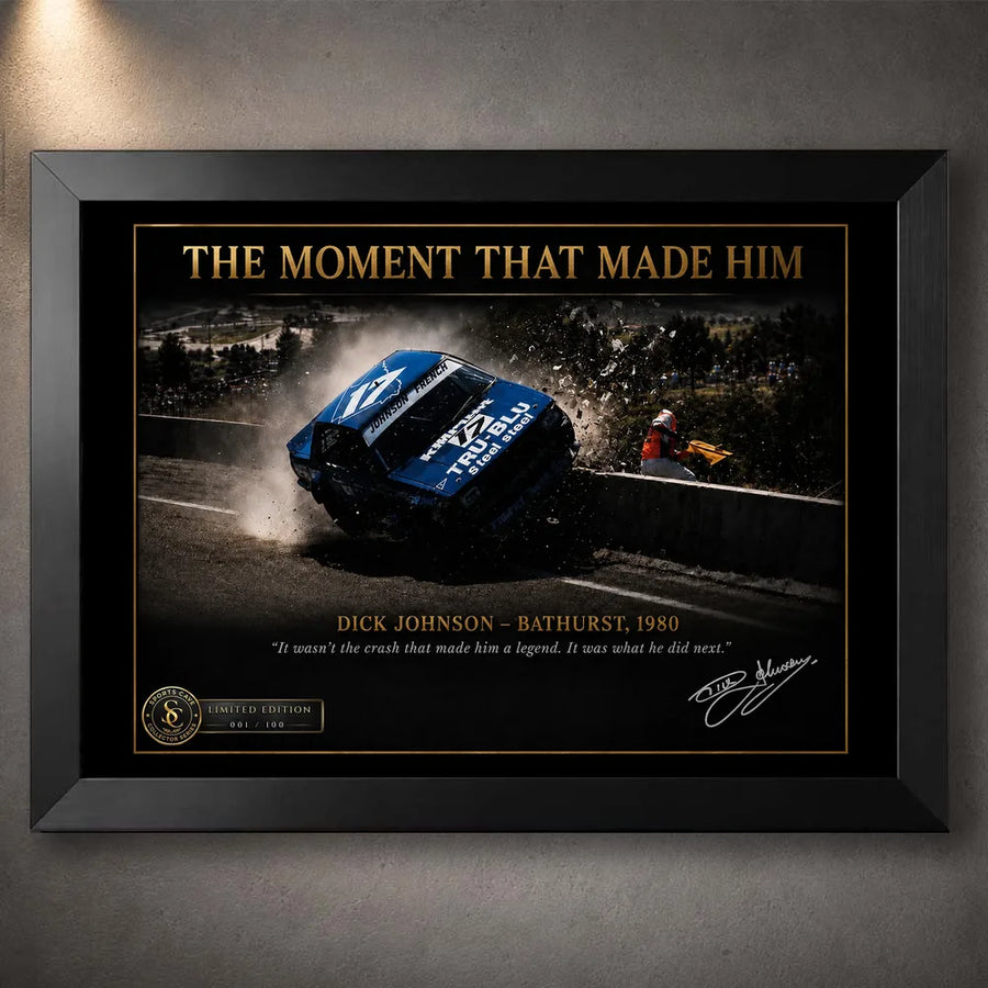 Black framed Dick Johnson Bathurst 1980 motorsport wall art showing the crash tribute against a dark textured wall.