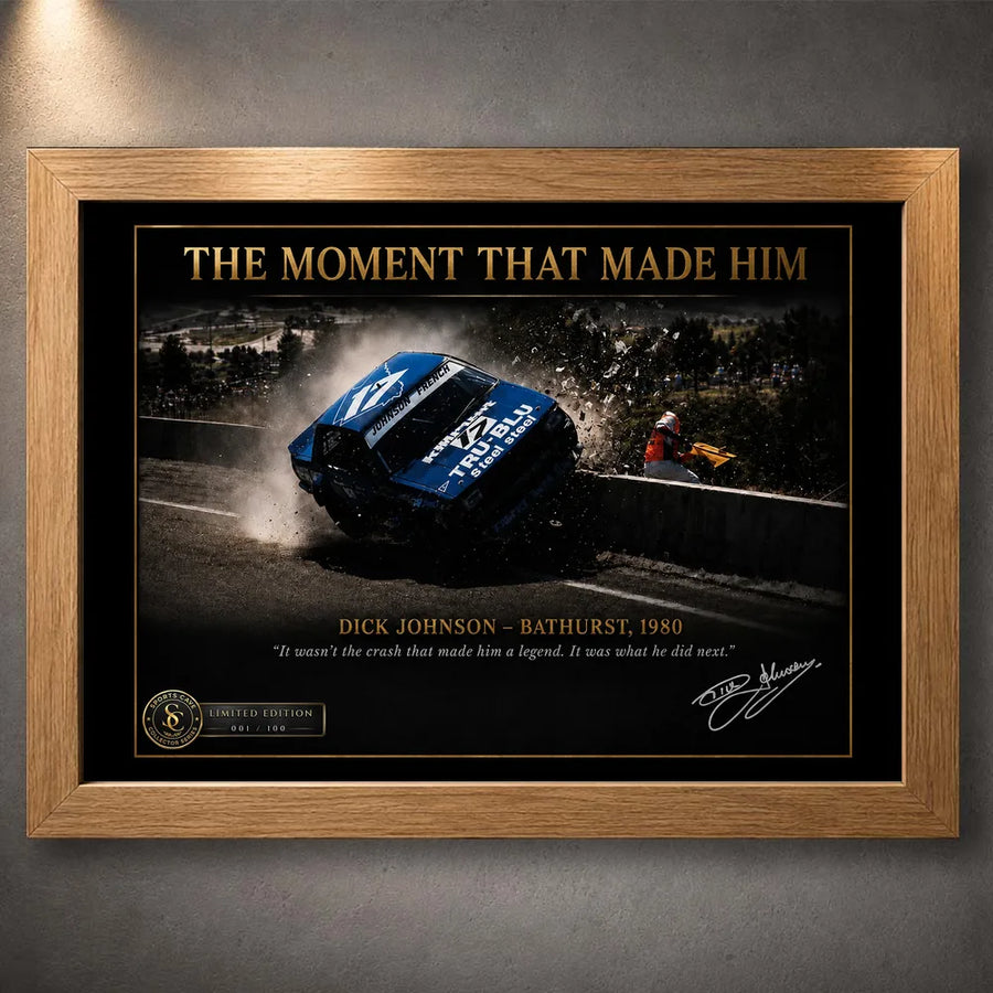 Oak framed Dick Johnson Bathurst 1980 motorsport wall art displayed against a softly lit grey textured wall.