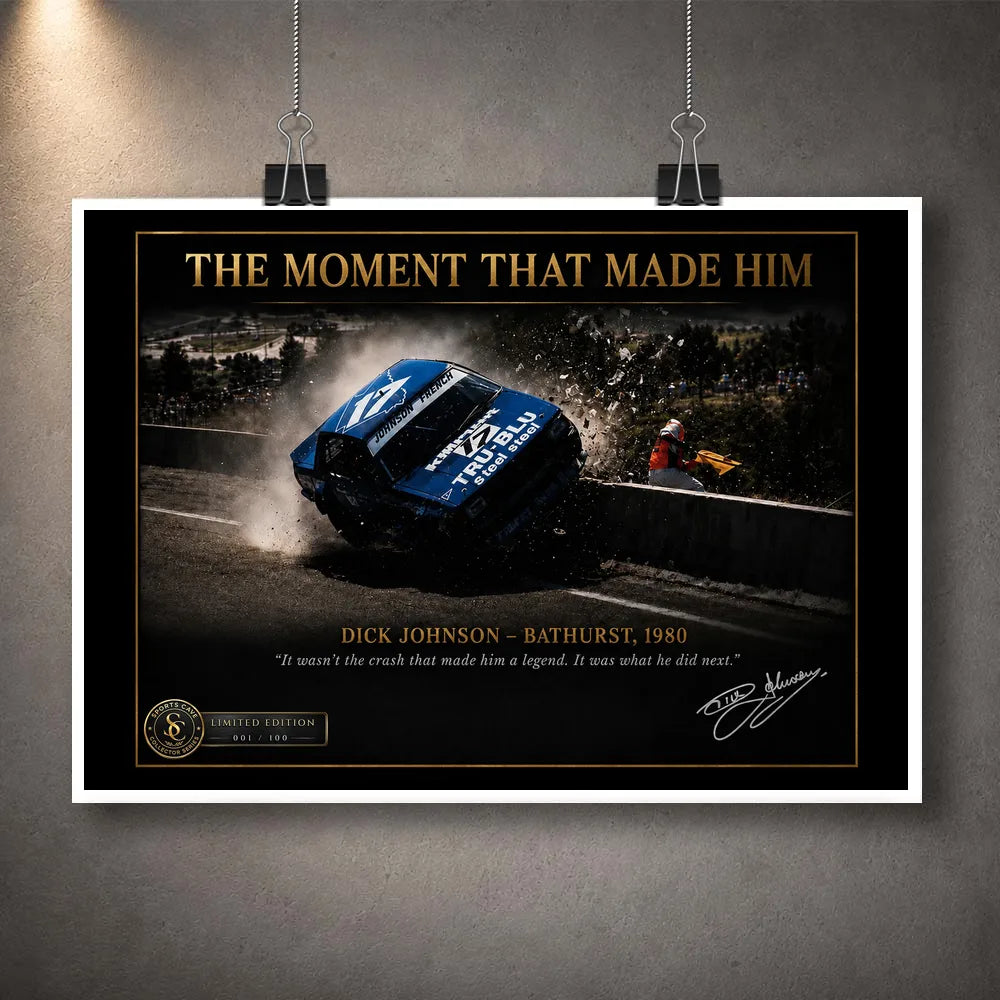 Unframed Dick Johnson Bathurst 1980 motorsport wall art print suspended with clips against a grey wall.