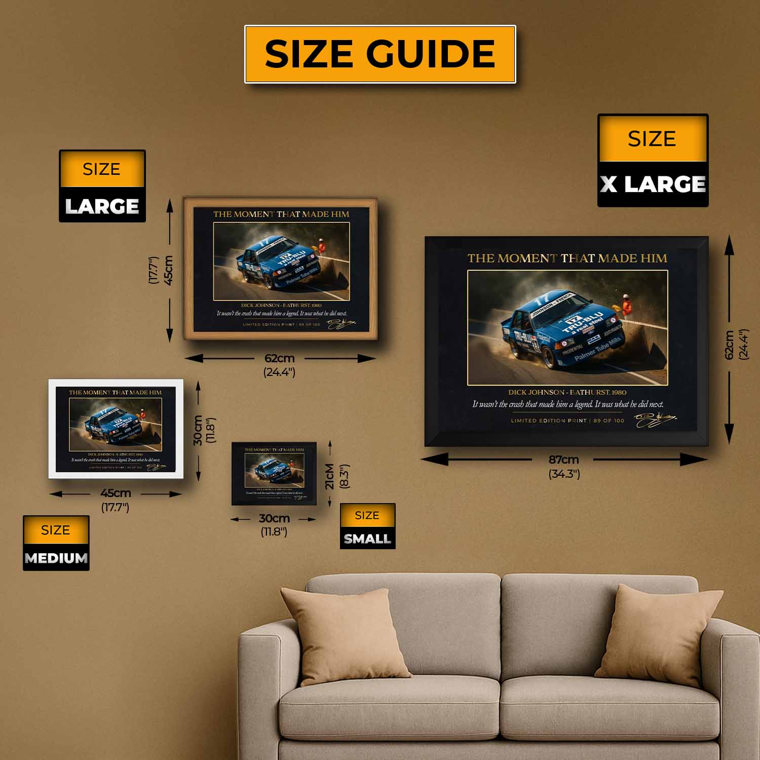 Dick Johnson Bathurst 1980 framed sports art size guide showing small, medium, large, and extra-large options — ideal for man cave wall décor and collectors of limited edition sports prints.