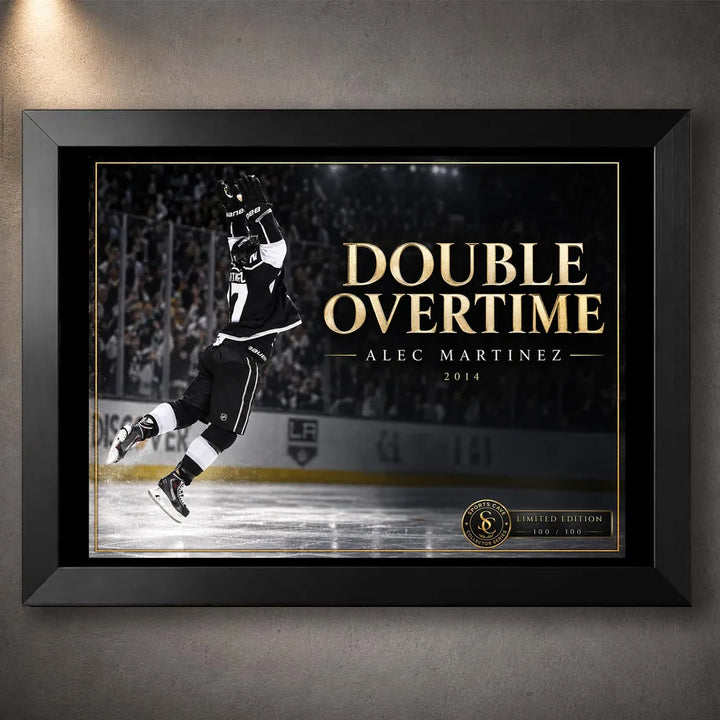 Black framed Alec Martinez wall art featuring the 2014 Double Overtime hockey design for a dedicated sports collection.